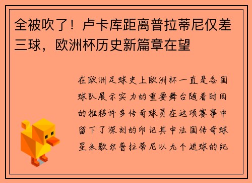 全被吹了！卢卡库距离普拉蒂尼仅差三球，欧洲杯历史新篇章在望