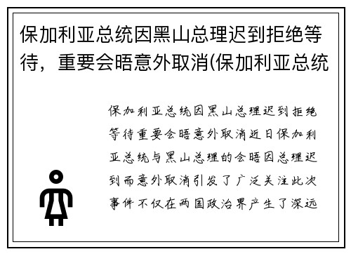 保加利亚总统因黑山总理迟到拒绝等待，重要会晤意外取消(保加利亚总统大选)