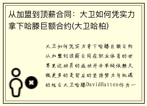 从加盟到顶薪合同：大卫如何凭实力拿下哈滕巨额合约(大卫哈柏)