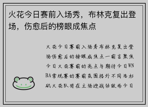 火花今日赛前入场秀，布林克复出登场，伤愈后的榜眼成焦点