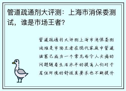 管道疏通剂大评测：上海市消保委测试，谁是市场王者？