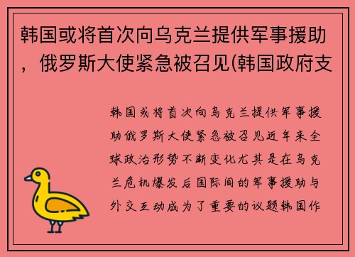 韩国或将首次向乌克兰提供军事援助，俄罗斯大使紧急被召见(韩国政府支援金)