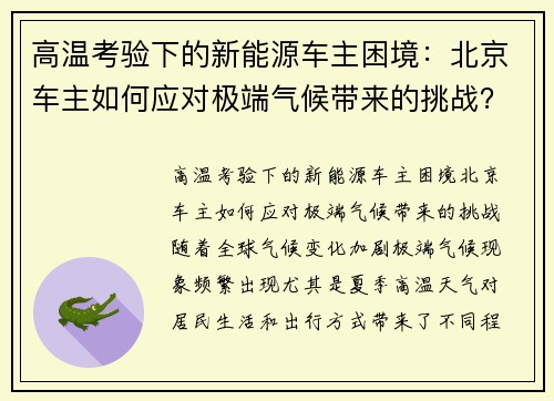 高温考验下的新能源车主困境：北京车主如何应对极端气候带来的挑战？