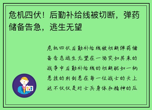 危机四伏！后勤补给线被切断，弹药储备告急，逃生无望